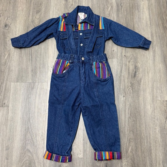 Little By Little Other - Vintage 90s Little By Little Toddler 2T Denim Set Rainbow Striped Suspenders Set